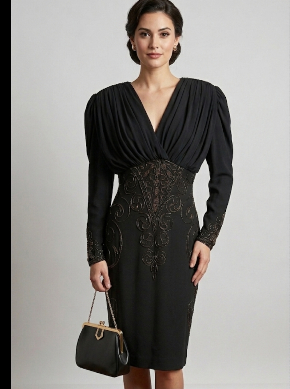 Lillie Rubin Black Long-Sleeve V-Neck Beaded Cocktail Dress